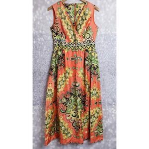 Mod Sleveless Midi Dress Custom Made Empire Waist Coral Green Print Dress